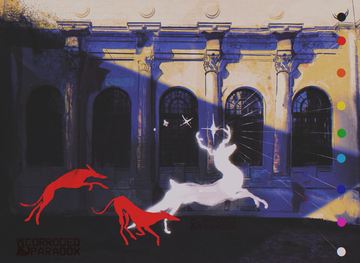 A glowing white deer being chased by two red dogs