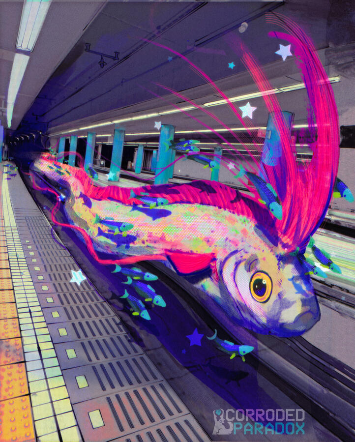 An oarfish lies on the track of an underground subway system. it is surrounded by small fish and stars