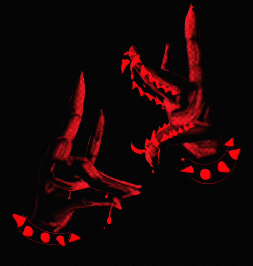 Two red hands are shown with their fingers positioned in a way they look like dogs with their mouths open and closed. Both are wearing spiked collars