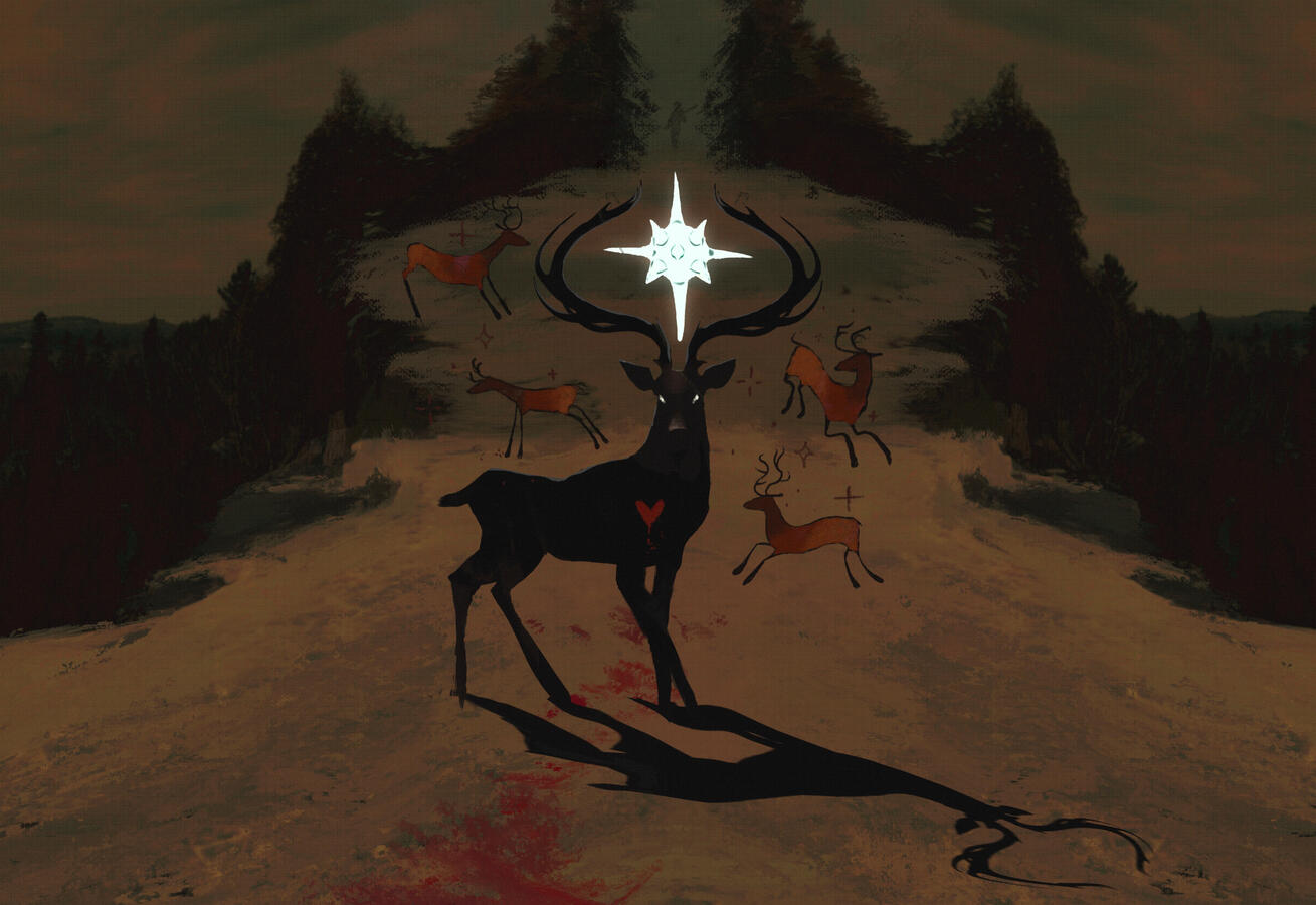 A black stag with a bleeding red heart stands on a snowy cliff face. there is a glowing star in the center of its horns and it is flanked by small cave painting-like deer