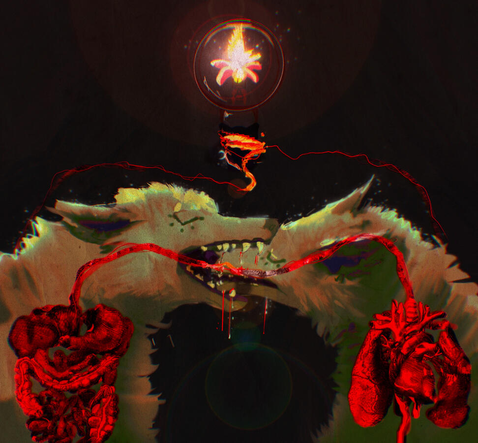 Two muted tone wolves are shown chest up on an empty dark background. It is hard to tell if the wolves are fighting or kissing, with the snout of the right wolf being in the open mouth of the left wolf. Both have a red wire running between them, illuminati
