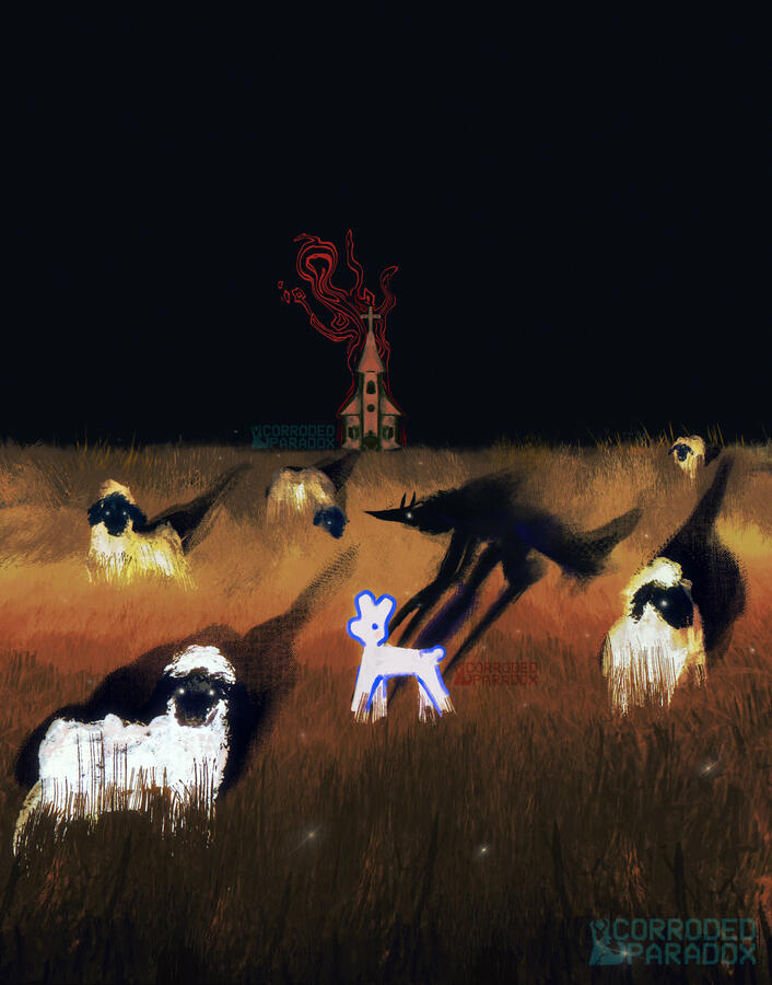 A herd of sheep stand in a field at night. The grass is illuminated by a camera flash. in the center is a cartoon deer, and the shadow cast forms a wolf.
