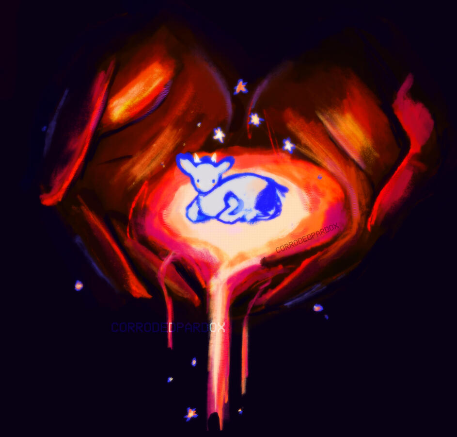 A small white calf sits in the palm of someones hands. The calf sits in a pool of glowing liquid that slowly spills out of the hands.