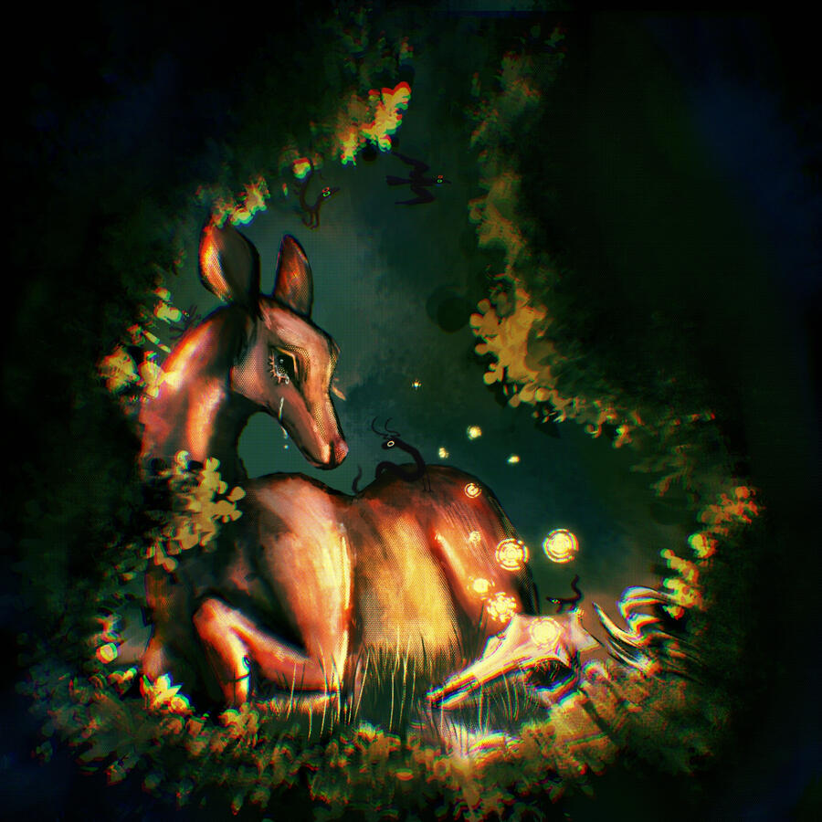 A deer sits in a clearing in the trees. The deer is crying, and a glowing deer skeleton is next to them. Around the piece there are tiny black creatures.