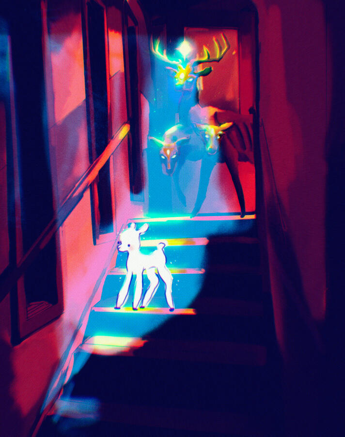 A three headed deer stands in a red and purple hallway. Beneath the deer on the steps is a white doe, illuminated by a star shining from the deers central head